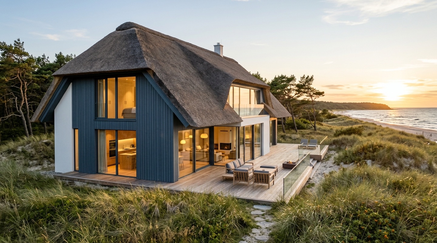 Moderne Reetdach-Ferienhaus-Architektur in Born auf dem Darß (KI-generierte Beispiel-Visualisierung)