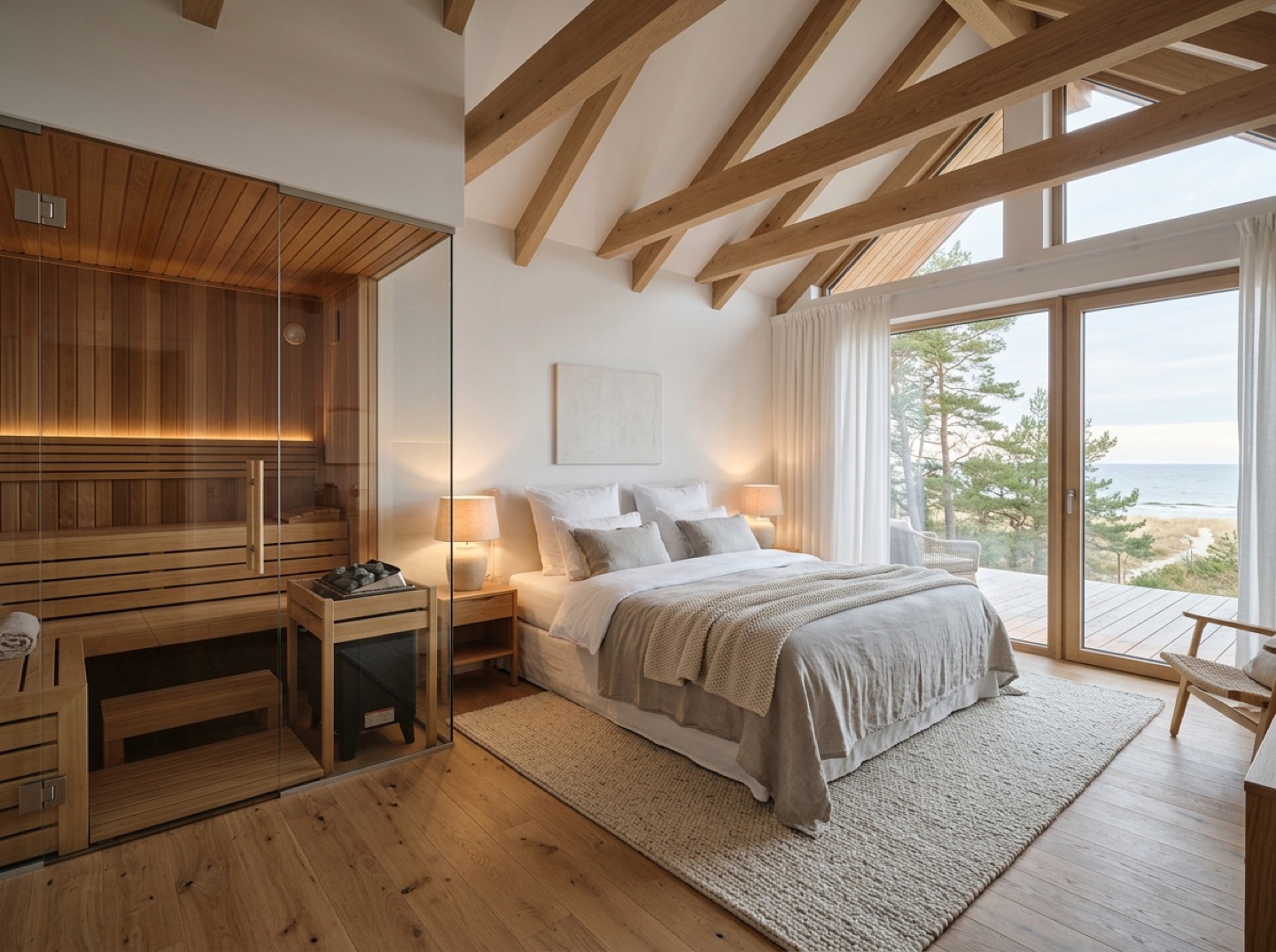 Schlafzimmer unter sichtbaren Holzbalken mit privater Finnischer Sauna (KI-Visualisierung)