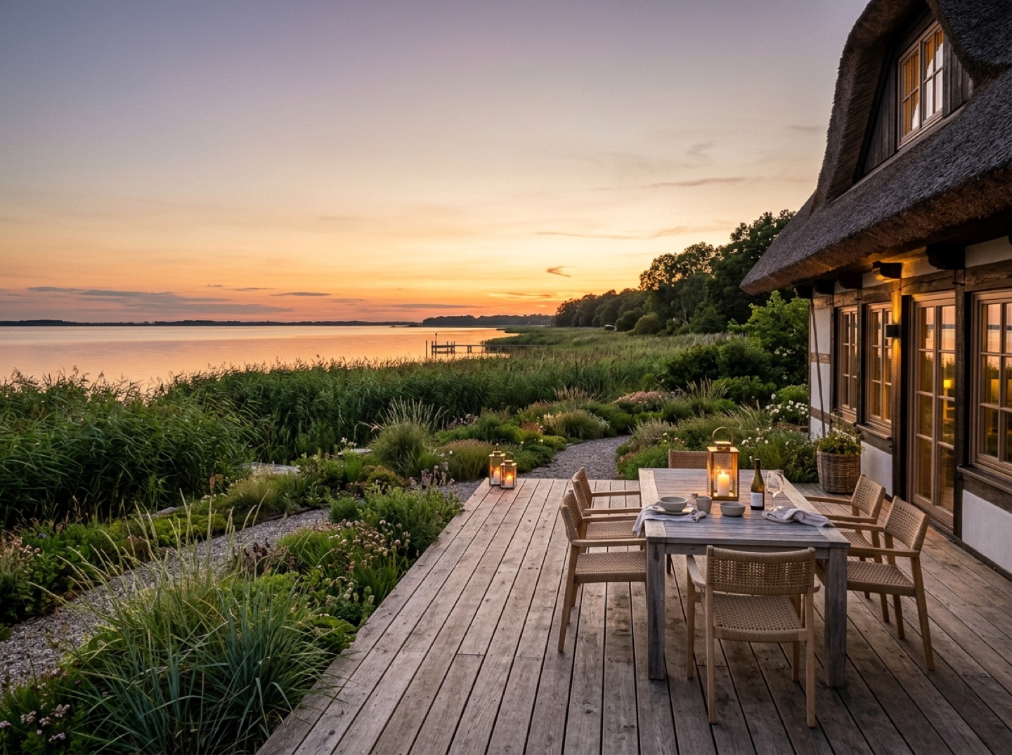 Holzterrasse am Schilfgürtel mit Blick auf den Bodden bei Sonnenuntergang (KI-Visualisierung / Platzhalter für Born-Fotos)