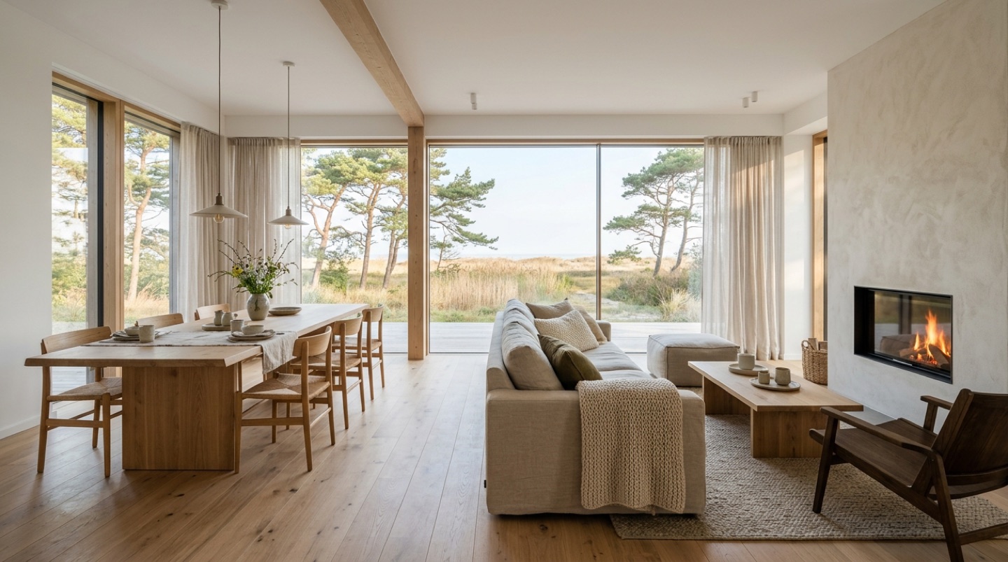 Wohnbereich mit Kamin und Blick in die Kiefern im Ferienhaus Boddenblick (KI-Visualisierung)