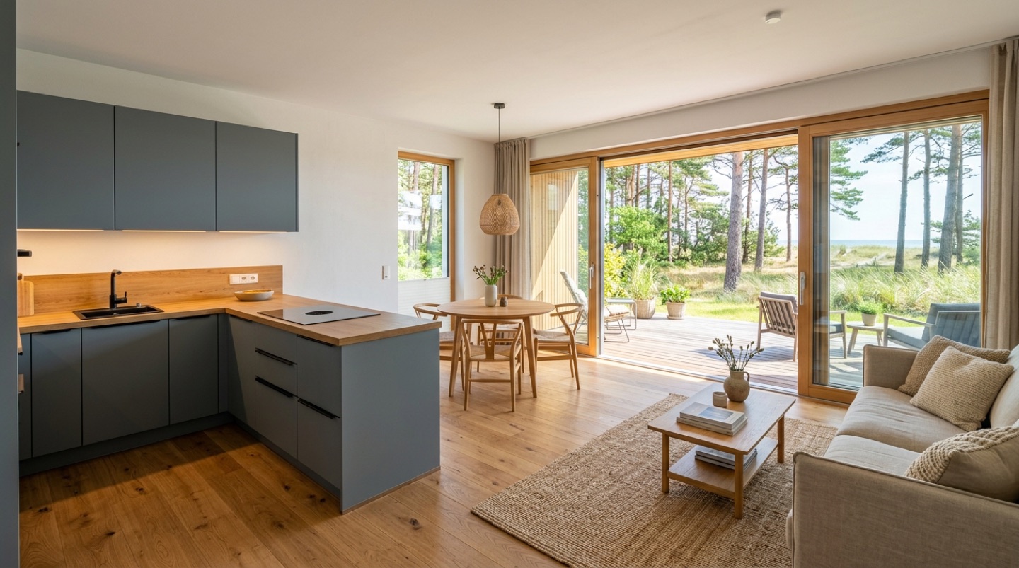 Offene Wohnküche und Terrasse der Ferienwohnung Kiefernhain (KI-Visualisierung)