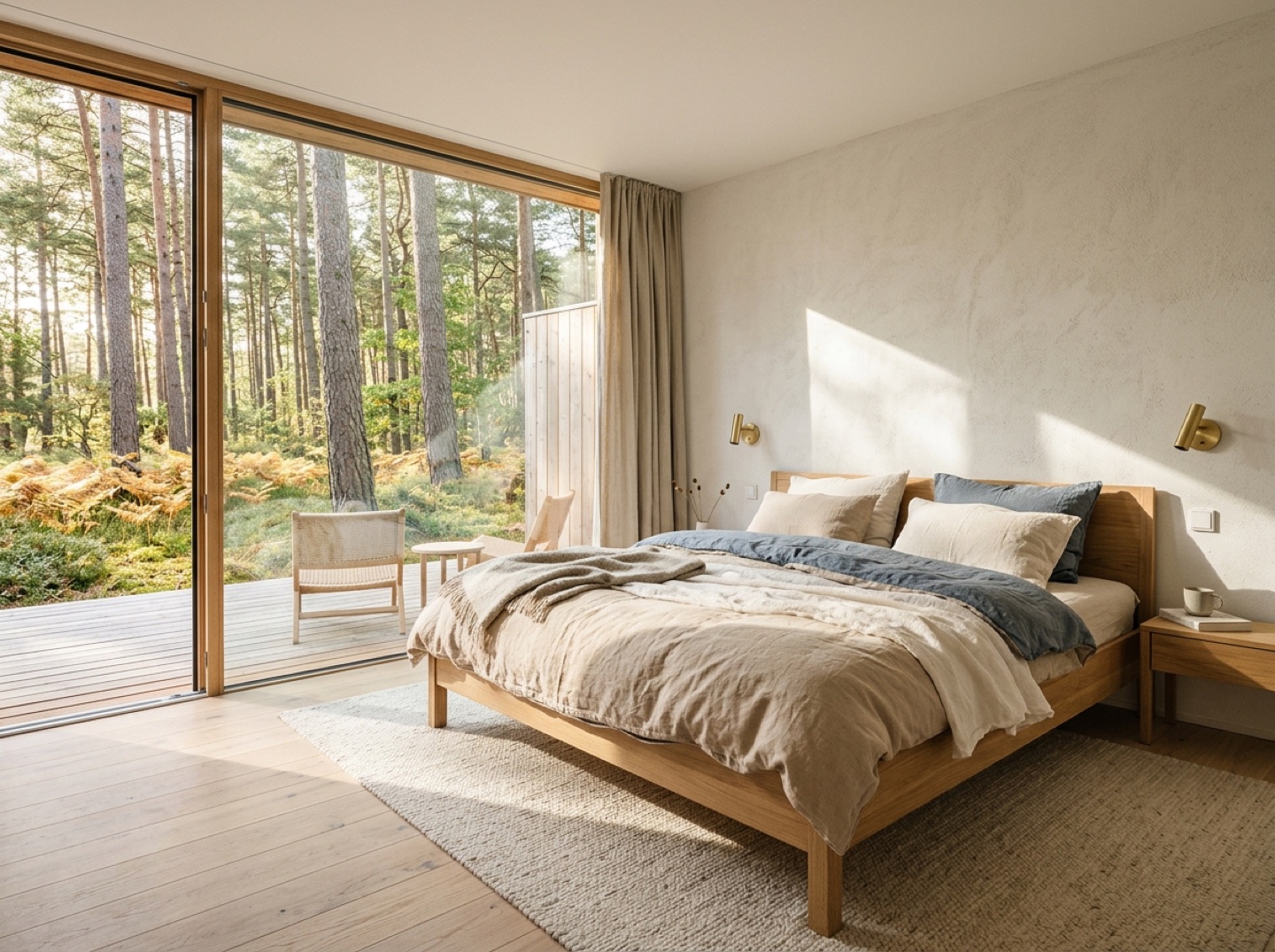Ruhiges Schlafzimmer mit Blick in den Kiefernwald (KI-Visualisierung)